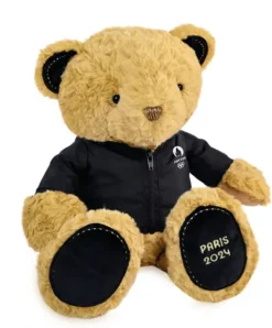 Doudou et Compagnie Ours en peluche marron Paris 2024 avec veste noire zippée - 40 cm