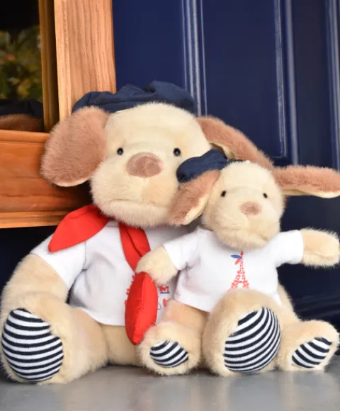 Doudou et Compagnie Peluche chien marron clair T Shirt Tour Eiffel - 26 cm