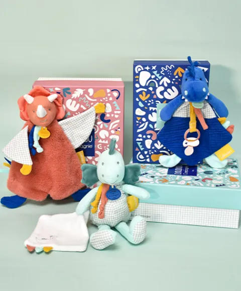 Doudou et Compagnie Peluche de dinosaure vert avec doudou - Filou - 25 cm