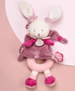 Doudou et Compagnie Peluche hochet Cerise le lapin rose - 19 cm