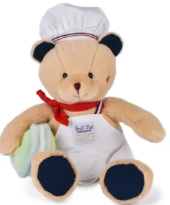 Doudou et Compagnie Peluche Ours beige - Chef avec Macaron vert - 28 cm