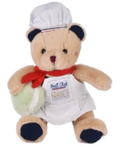 Doudou et Compagnie Peluche Ours beige - Porte cle - Chef avec Macaron vert - 15 cm