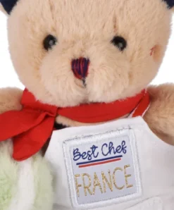 Doudou et Compagnie Peluche Ours beige - Porte cle - Chef avec Macaron vert - 15 cm