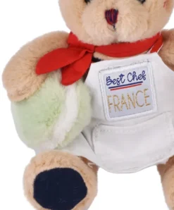 Doudou et Compagnie Peluche Ours beige - Porte cle - Chef avec Macaron vert - 15 cm