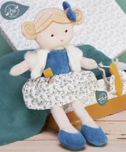 Doudou et Compagnie Poupée en coton BIO bleue et blanche - Pollen - 25 cm