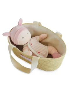 Doudou et Compagnie Poupon - Poupée chiffon avec couffin rose et blanc - 28 cm