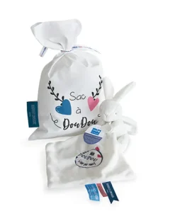 Doudou et Compagnie Sac à doudou + Doudou lapin "Mon Doudou + fort que tout " 10 cm - Unicef