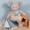 Doudou et Compagnie Souris en peluche grise avec mouchoir vert en coton BIO - 22 cm