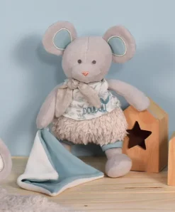 Doudou et Compagnie Souris en peluche grise avec mouchoir vert en coton BIO - 22 cm