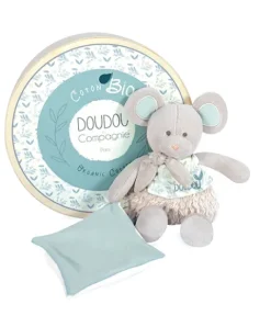 Doudou et Compagnie Souris en peluche grise avec mouchoir vert en coton BIO - 22 cm
