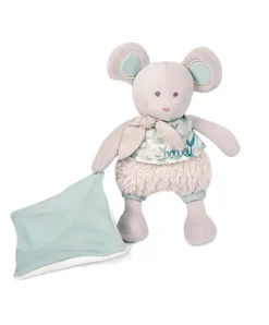 Doudou et Compagnie Souris en peluche grise avec mouchoir vert en coton BIO - 22 cm