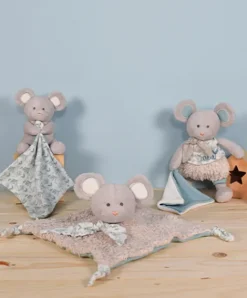 Doudou et Compagnie Souris en peluche grise avec mouchoir vert en coton BIO - 22 cm